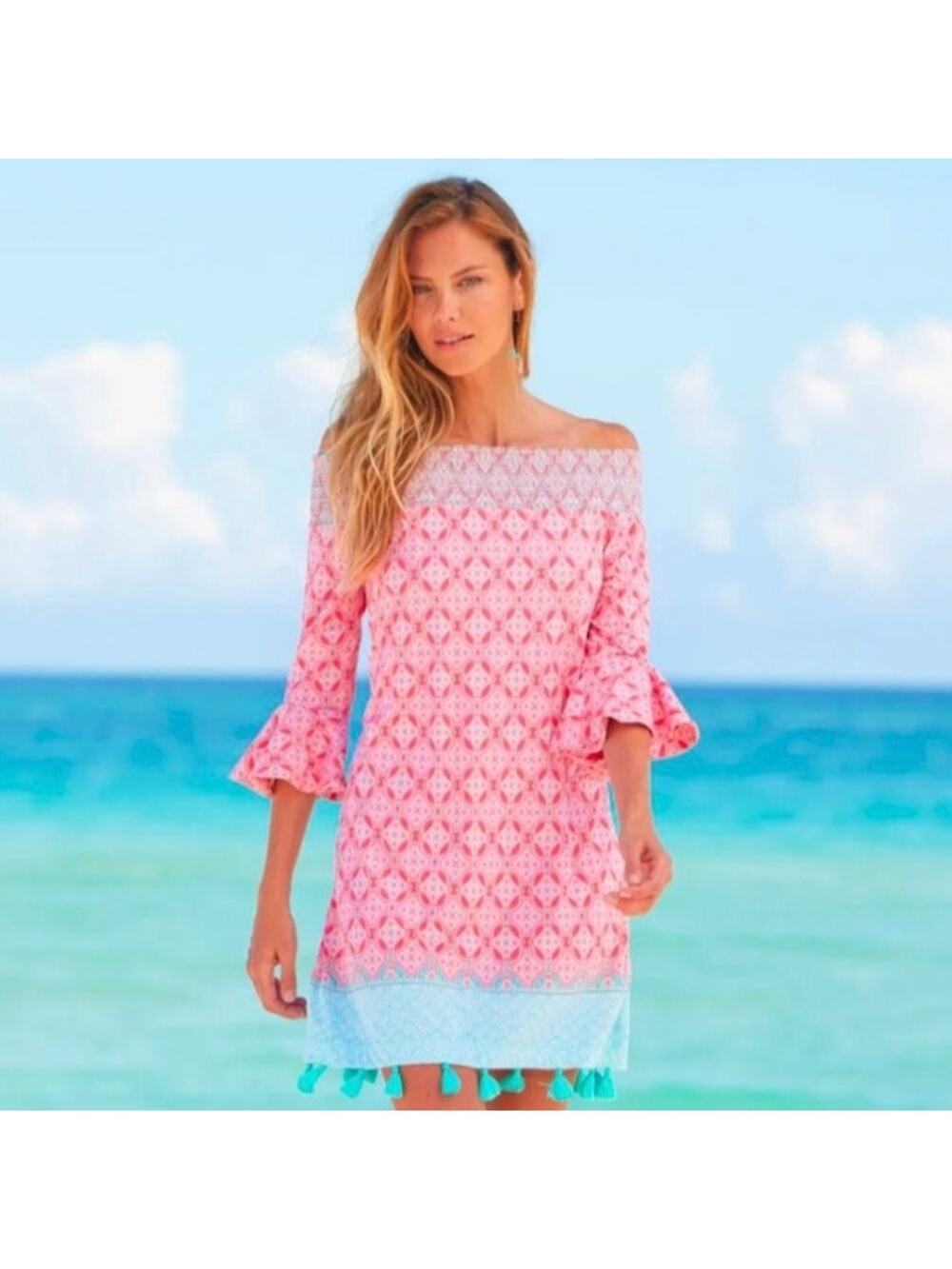 Cabana Life Dress Womens 1X Pink Coral Off the Shoulder Smocked Resort Geometric